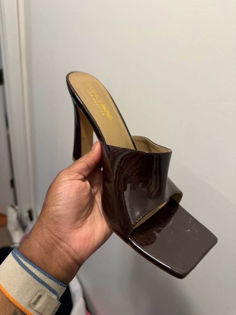 Fashion Nova Brown Patent Square-Toe Mule Heel